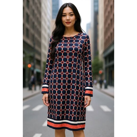 Michael Kors Womens L Long Sleeve Geometric Pattern Dress Blue Orange Stretch - Picture 1 of 9